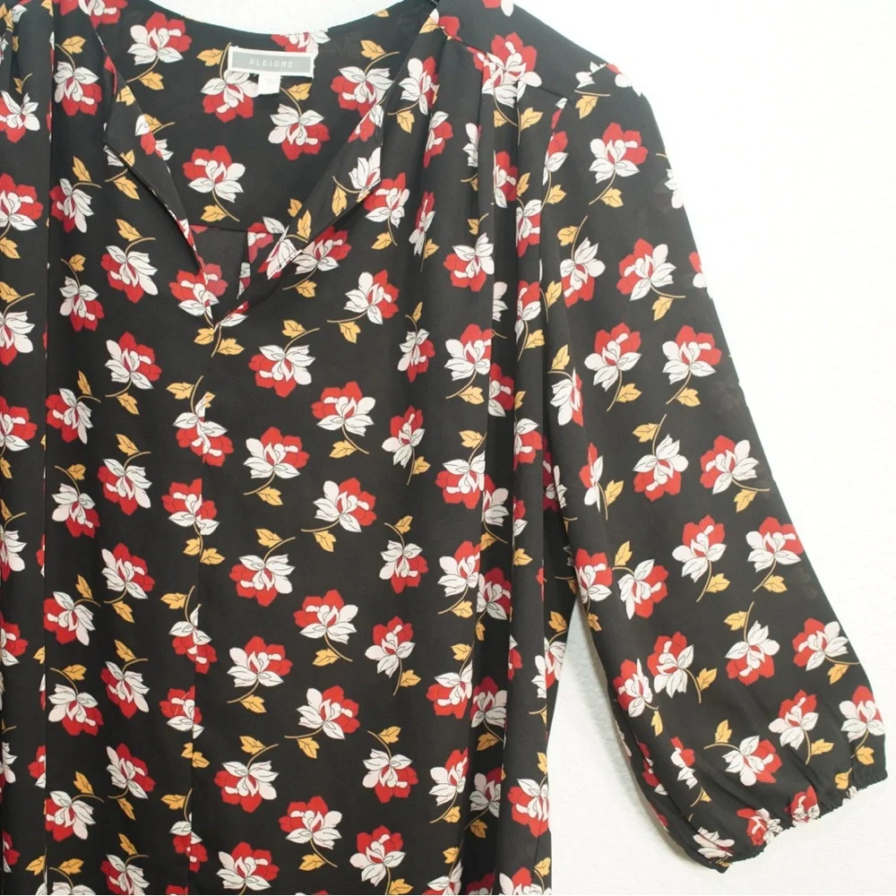 Pleione Blouse Womens Large 3/4 Long Sleeve Black Floral Print Shirt Lightweight - Picture 5 of 12
